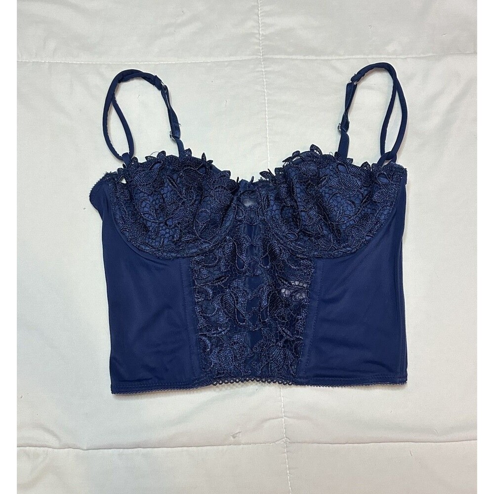 VTG 1999 Victoria’s Secret Dark Navy Blue Lace Corset Stretch Sz 34B Y2K 90s Top